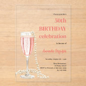 Invitations En Acrylique Anniversaire blanc rose mousseux perles de vin cla (Recto)