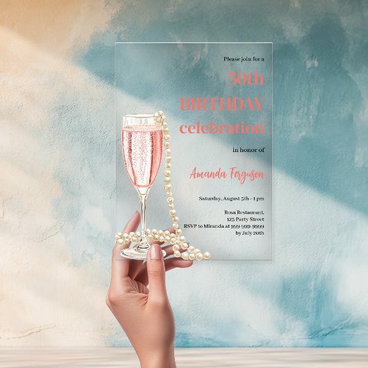 Invitations En Acrylique Anniversaire blanc rose mousseux perles de vin cla