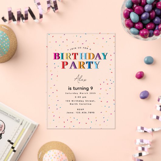 Invitations En Acrylique Anniversaire coloré Fête Confetti Anniversaire (Insitu (Célébration))