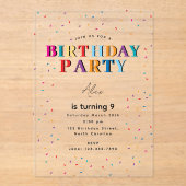 Invitations En Acrylique Anniversaire coloré Fête Confetti Anniversaire (Recto)