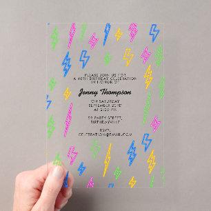 Invitations En Acrylique Anniversaire Coloré Rétro Néon Foudre des Années 8