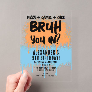 Invitations En Acrylique Anniversaire de Bruh Boy Néon Graffiti Orange Bleu