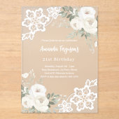 Invitations En Acrylique Anniversaire de dentelle florale blanche (Recto)