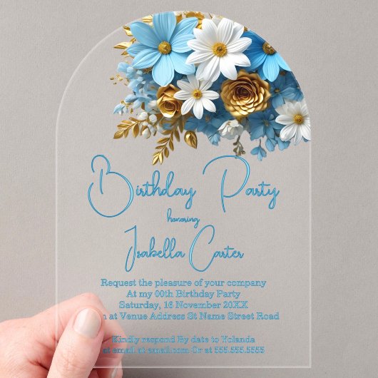 Invitations En Acrylique Anniversaire de fête Poudre Bleu Or Blanc Floral