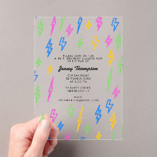 Invitations En Acrylique Anniversaire des années 80 Retro Neon Lightning