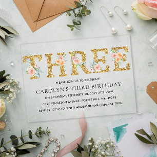 Invitations En Acrylique Anniversaire élégant floral doré pailleté TROIS 3è