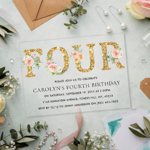 Invitations En Acrylique Anniversaire élégant floral doré QUATRE 4 ans