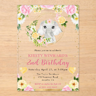 Invitations En Acrylique Anniversaire Enfants Éléphant de Jungle Mignon Aqu