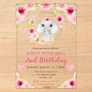 Invitations En Acrylique Anniversaire Enfants Éléphant de Jungle Mignon Aqu
