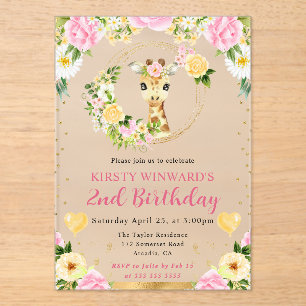 Invitations En Acrylique Anniversaire Enfants Girafe Jungle Mignon Aquarell