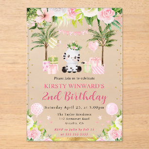 Invitations En Acrylique Anniversaire Enfants Zèbre Jungle Rose Mignon Aqua