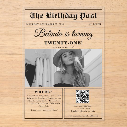 Invitations En Acrylique Anniversaire Journal amusant noir & blanc photo (Recto)