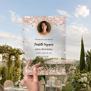 Invitations En Acrylique Anniversaire rose or diamant photo clair