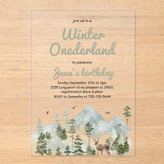 Invitations En Acrylique Anniversaire Winter ONEderland | Cerf aquarelle (Recto)