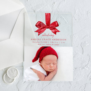Invitations En Acrylique Annonce de naissance élégante avec un nœud rouge e