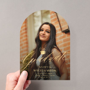 Invitations En Acrylique Annonce de remise de diplôme en or avec écriture e