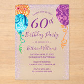 Invitations En Acrylique Aqua Purple Balloons moderne 60e fête d'anniversai (Recto)
