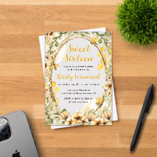 Invitations En Acrylique Aquarelle Abeilles d'été et fleurs Sweet sixteen