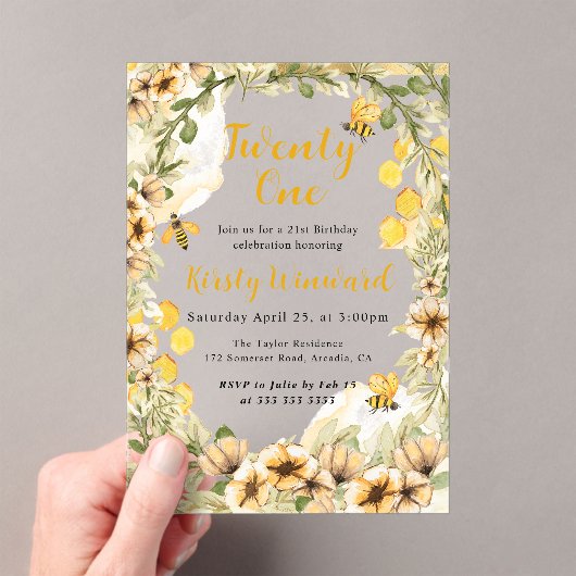 Invitations En Acrylique Aquarelle Abeilles et fleurs d'été 21e anniversair (In situ (ordinateur de poche))