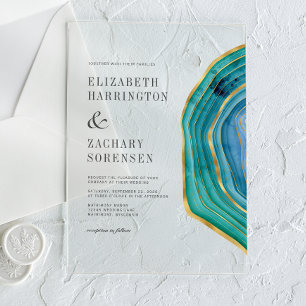 Invitations En Acrylique Aquarelle Agate Gold Turquoise Mariage