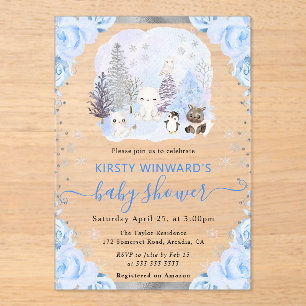 Invitations En Acrylique Aquarelle Animaux arctiques Baby shower floral