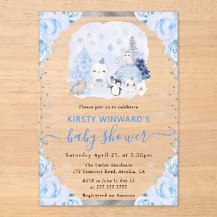 Invitations En Acrylique Aquarelle Animaux arctiques Baby shower floral