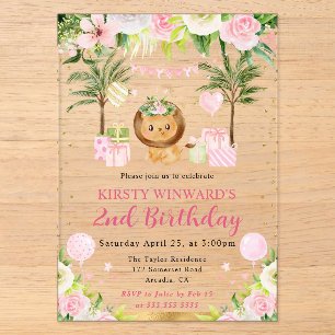 Invitations En Acrylique Aquarelle Anniversaire Enfant Lion Rose Jungle Mig