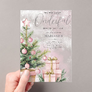 Invitations En Acrylique aquarelle Arbre de Noël rose 1er anniversaire