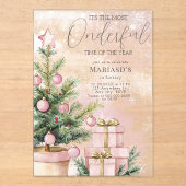 Invitations En Acrylique aquarelle Arbre de Noël rose 1er anniversaire (Recto)