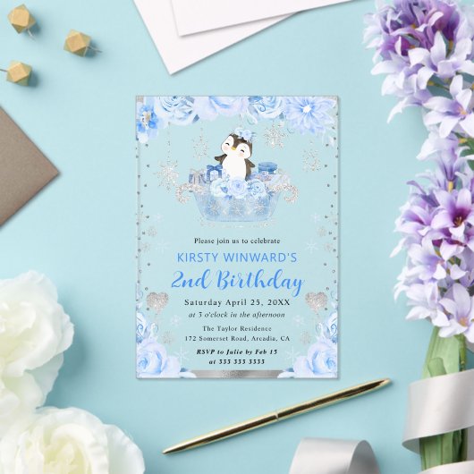 Invitations En Acrylique Aquarelle Arctic Penguin Floral 2e anniversaire (Insitu (Mariage))