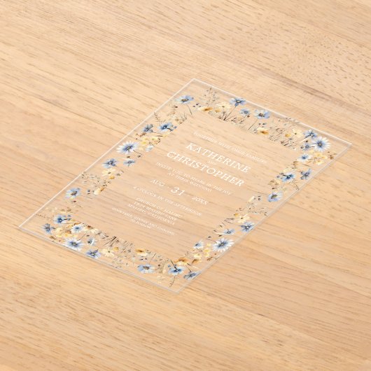 Invitations En Acrylique Aquarelle bleu Dusty Fleurs sauvages Mariage éléga (Poser)