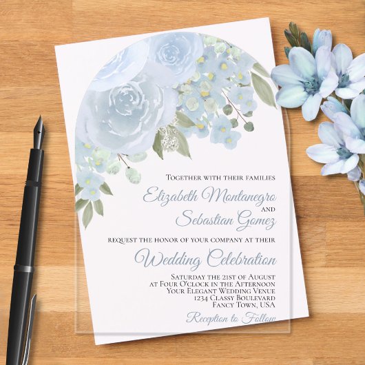 Invitations En Acrylique Aquarelle bleu Dusty Roses Élégant Mariage d'arc