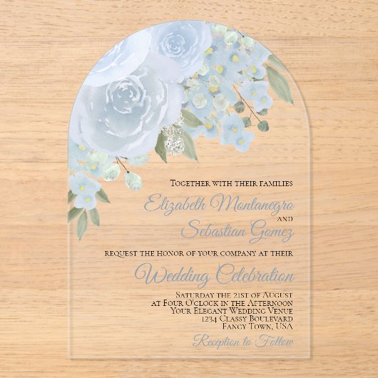Invitations En Acrylique Aquarelle bleu Dusty Roses Élégant Mariage d'arc (Recto)
