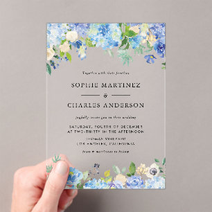 Invitations En Acrylique Aquarelle bleu Hydrangea Mariage botanique