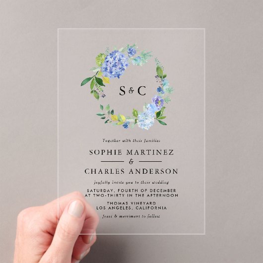 Invitations En Acrylique Aquarelle bleu Hydrangea Mariage de couronnes (In situ (ordinateur de poche))