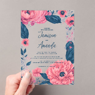 Invitations En Acrylique Aquarelle bleu marine rose Mariage botanique