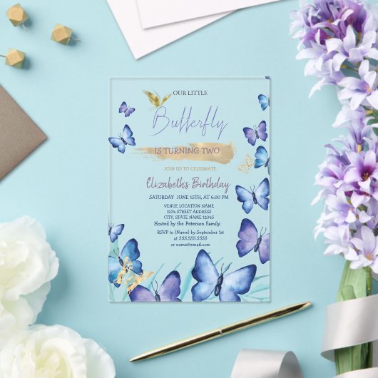 Invitations En Acrylique Aquarelle Bleu Papillons Rainbow Anniversaire (Insitu (Mariage))