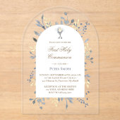 Invitations En Acrylique aquarelle bleue feuillage Première sainte communio (Recto)