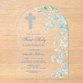 Invitations En Acrylique Aquarelle bleue Fleurs Arc Première communion (Recto)