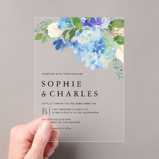 Invitations En Acrylique Aquarelle bleue Hydrangea Hiver Floral Mariage (In situ (ordinateur de poche))