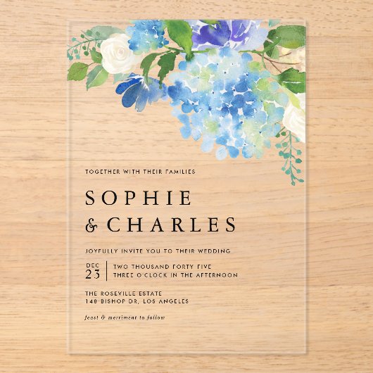 Invitations En Acrylique Aquarelle bleue Hydrangea Hiver Floral Mariage (Recto)