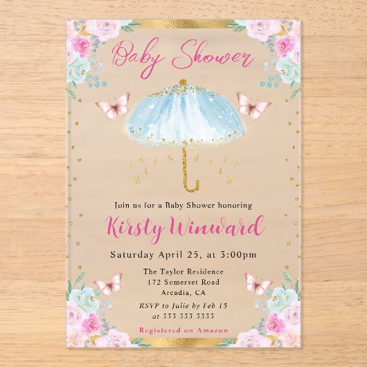 Invitations En Acrylique Aquarelle Blue Gold Spring Baby shower parapluie (Recto)