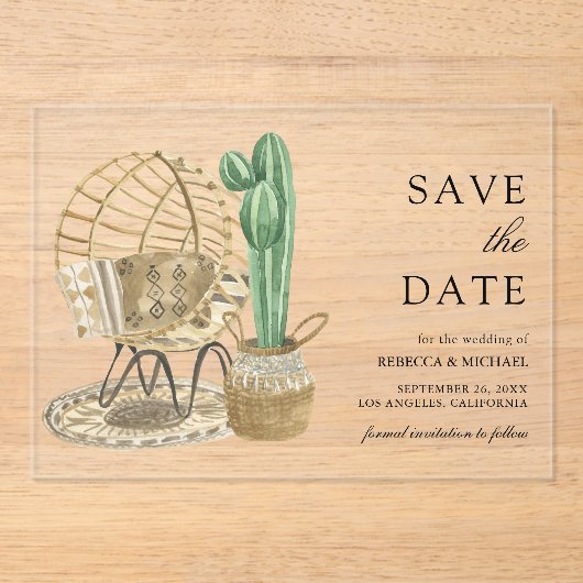 Invitations En Acrylique Aquarelle Boho Cactus Mariage Enregistrer la date (Recto)