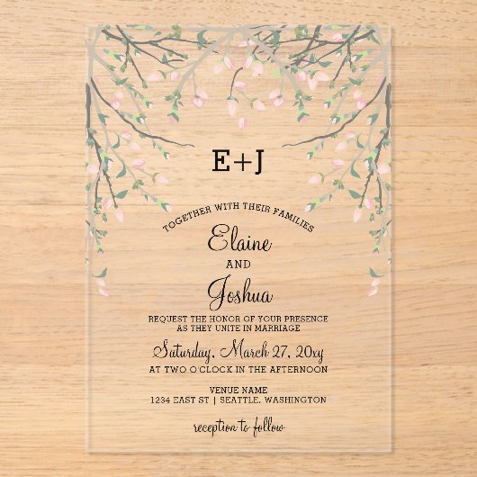 Invitations En Acrylique Aquarelle Botanique Blush rose Mariage Floral (Recto)