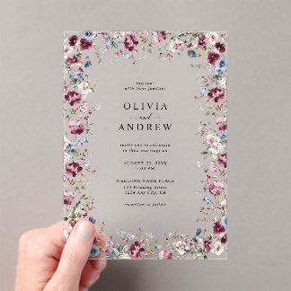 Invitations En Acrylique Aquarelle Burgundy Marine Bleu Floral Mariage