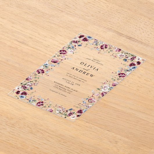 Invitations En Acrylique Aquarelle Burgundy Marine Bleu Floral Mariage (Poser)