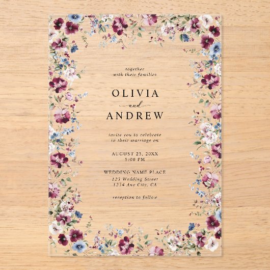 Invitations En Acrylique Aquarelle Burgundy Marine Bleu Floral Mariage (Recto)