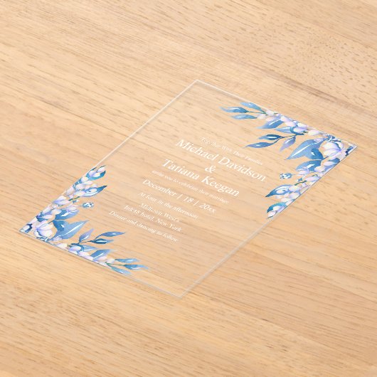 Invitations En Acrylique aquarelle classique bleu hiver verdure mariage (Poser)