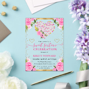 Invitations En Acrylique Aquarelle Cœurs Fleurs Or Rose Sweet 16