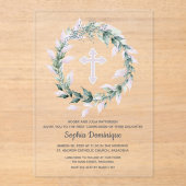 Invitations En Acrylique Aquarelle couronne Croix rose première communion (Recto)